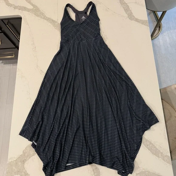 prAna Saxon Racerback Halter Asymmetrical Dress Womens Small Navy Blue Striped - Picture 1 of 10